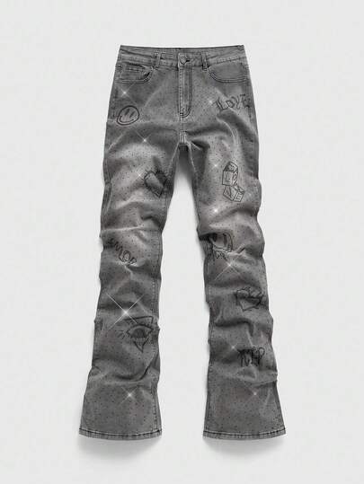 Street Life Jeans évasés délavés ornés de strass pour hommes, style décontracté