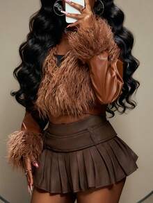 Slaydiva 2025秋冬新款休闲街头风、机车风、朋克风、个性风、前卫风、派对风、可爱甜美风、千禧年风、日常约会风、通勤风，优雅大翻领，毛领，长袖，袖口毛绒装饰，棕色PU拼接绒面短款女式外套 - 棕色 - 查看 1