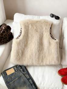 Chaleco con forro de piel sintética con estampado de leopardo de moda para niña preadolescente, otoño/invierno - Caqui - Ver 2