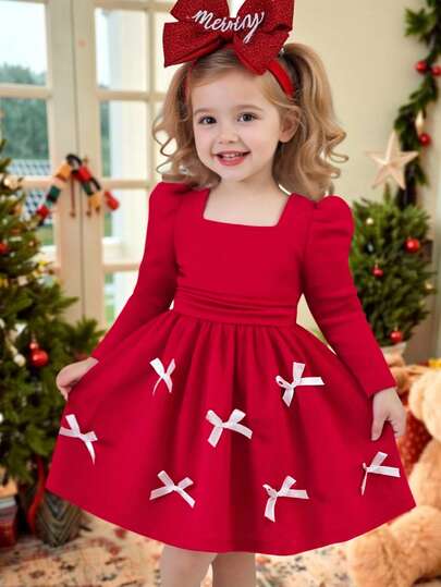 Souflis Souflis 女婴红色针织羊腿袖方领毛衣，罗纹袖口和下摆，蝴蝶结装饰，可爱优雅时尚，适合日常穿着和圣诞节、秋季服装