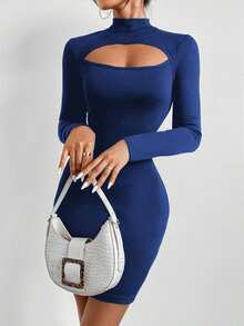 Chiquease Sexy Solid Color Hollow Out Bodycon Dress - Blue - View 6
