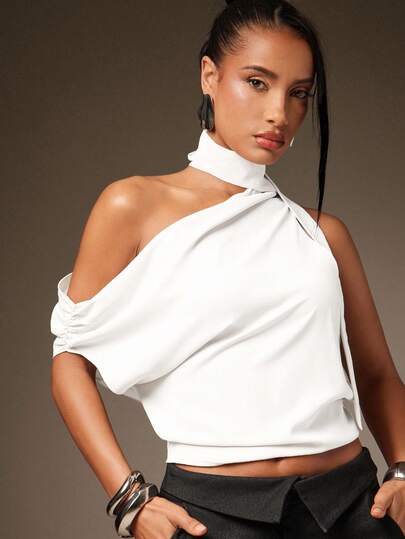 Hauture Sexy Summer Casual Basic One Shoulder Neck Scarf Ruched Blouse Top