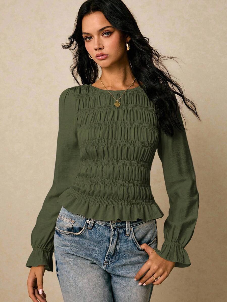 Poéselle Women's Elegant Solid Color Long Sleeve Blouse,Fall,Fall Clothes For Women,Women's Winter Clothes - Green - View 1