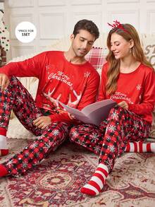 CoupledUp Bộ đồ ngủ nam dài tay họa tiết kẻ caro và bông tuyết họa tiết Giáng sinh, quần dài thường ngày, quần áo mùa đông - Đỏ - Xem 7