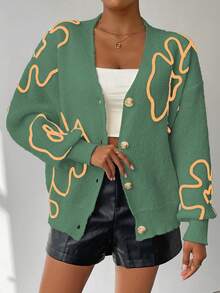 SHEIN Unity Cardigan Rajut Kasual Lengan Panjang Motif Bunga dengan Bahu Longgar untuk Wanita, Musim Gugur/Dingin - Hijau - View 6