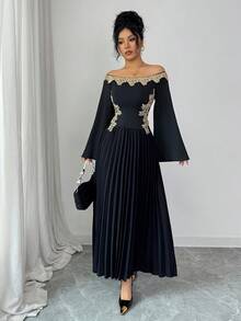 Elenzga Vestido de mujer con diseño elegante, de moda, cómodo y casual, con encanto retro y romántico para vacaciones, de manga larga, hombros descubiertos, cintura ceñida, falda plisada, unicolor, patchwork, decoración de encaje floral dorado - Negro - Ver 7