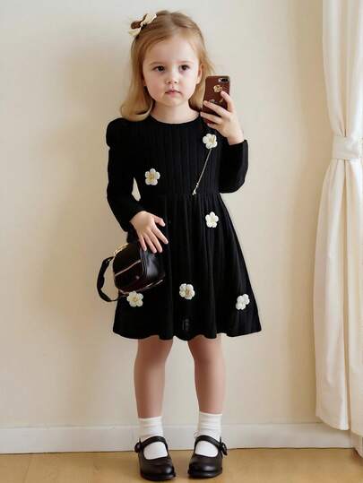 Elladie kids 女童休闲可爱圆领插肩泡泡袖收腰短款纯色毛绒罗纹针织提花印花连衣裙