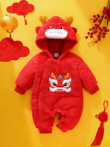 SHEIN 新生儿节日套装，中国节日元素可爱刺绣长袖长裤毛绒连体衣，宝宝中国新年套装 - 紅色 - 查看 2