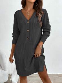 SHEIN LUNE V-Neck Button Casual Versatile Long Sleeve Sweater Dress - Dark Grey - View 5