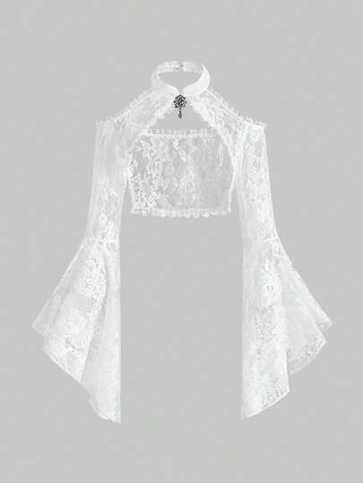 Gothic Palace Style Flared Sleeve Sheer Lace Cropped Halter Top