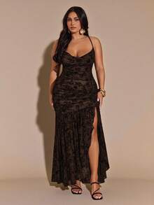 SHEIN BAE Plus Size Women Slit Ruched Draped Neck Sleeveless Mid-Length Dress, Early Autumn Winter - Coffee Brown - View 7