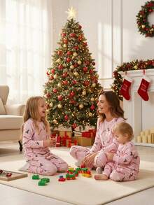 2pcs/Set Young Girls' Christmas Candy Cane Print Fleece Pajamas,Soft&Comfortable Pullover Sleepwear Pink Holiday Autumn Family Matching Fall Winter - Pink - View 5