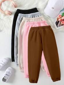Sparklyn Bộ 5 quần dài cơ bản thoải mái, phong cách mùa thu đông ấm áp cho bé gái, thời trang thường ngày, sáng tạo, cá tính, tươi mới, đơn giản, màu trơn, họa tiết in - màu đen - Xem 2
