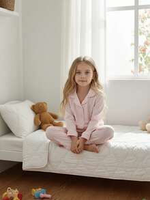 SHEIN Vintaside Kids Mädchen Flach Rosa Kragen Pyjama Set, Kinder Bequeme Nachtwäsche, Süßes Stickerei Design, Langarm Oberteil und Hose, Frühling/Herbst - Pink - Übersicht 9