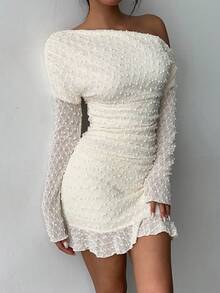 Aloruh Women's Sexy Asymmetrical Shoulder Long Sleeve Bodycon Mini Dress, Ruffle Hem Pleated Bodycon, Clubwear