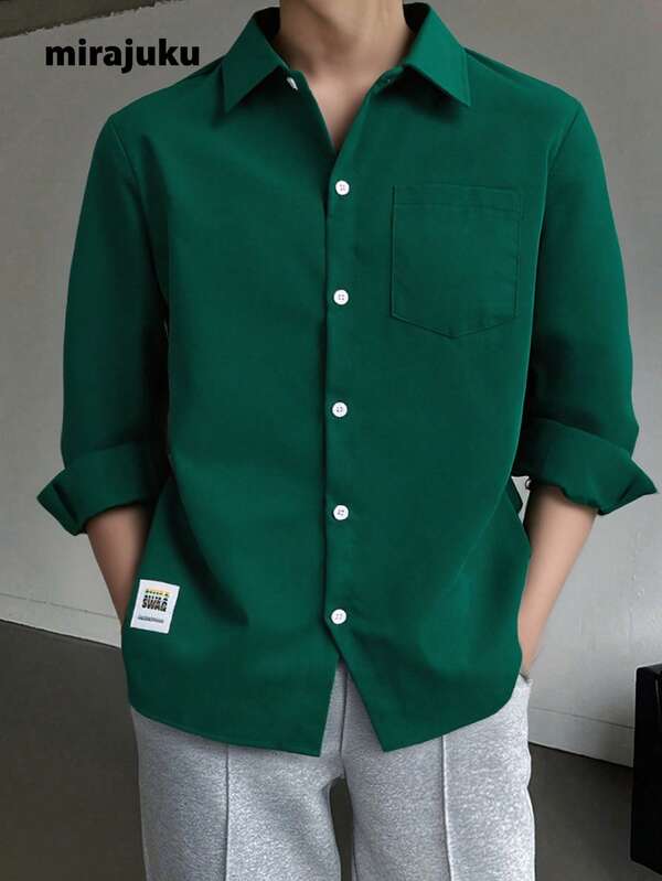 SHEIN Teen Boy Letter Print Single Breasted Long Sleeve Pocket Casual Shirt, Autumn Chic Outfits For Autumn/Winter