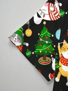 PopScrub Plus Size Women Christmas Cat Unwrapping Gift, Christmas Tree & Lights Print V-Neck Short Sleeve Tunic Top With Pockets And Ear Loops, Fashion Nurse Uniform