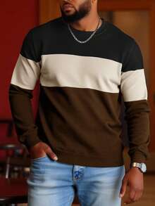 Manfinity Homme Plus Size Men's Contrast Color Round Neck Raglan Sleeve Casual Knit Pullover Sweater - Brown - View 1