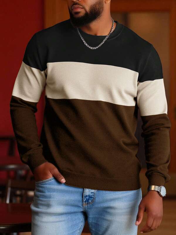 Manfinity Homme Pulover tricotat casual pentru bărbați, mărime plus, cu guler rotund, mânecă raglan, în culori contrastante