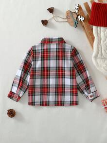 Cozy Pixies Baby Boy Red Plaid New Year & Christmas Style Collared Long Sleeve Button-Up Shirt, Versatile & Comfortable - Red - View 2
