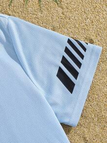 SHEIN 2pcs Tween Boy Splice Sports Textured Vertical Stripe Pattern Short Sleeve T-Shirt And Shorts Set,Kids - Blue - View 5