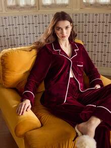MOTF PREMIUM VELVET FAUX PEARLS TRIM LAPEL COLLAR SHIRT & PANTS PAJAMA SET - Burgundy - View 1