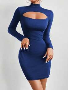 Chiquease Sexy Solid Color Hollow Out Bodycon Dress - Blue - View 5