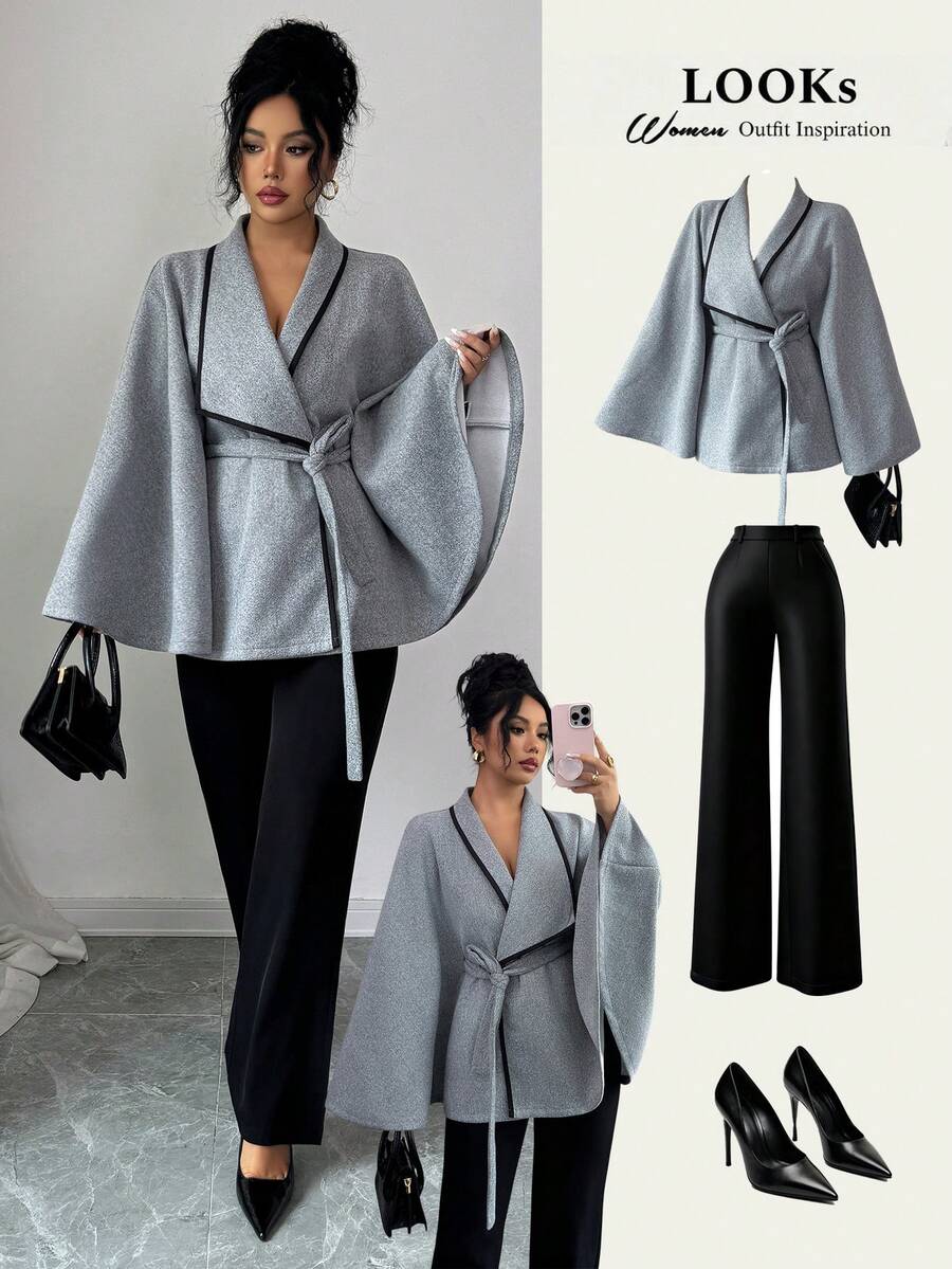 SHEIN Franclia 女士优雅灰色翻领保暖收腰羊毛斗篷外套，秋冬 - 灰色 - 查看 1