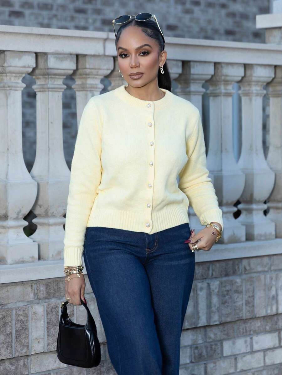 Melissa Matos Áo len cardigan nữ cổ tròn dài tay một hàng khuy đơn giản thanh lịch, mùa thu và đông, áo dài tay - Màu vàng - Xem 1