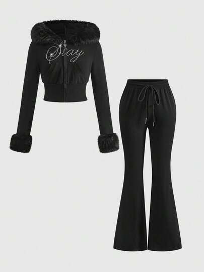 Grunge Punk Ensemble 2 pièces top court et legging avec décoration de strass style Y2K