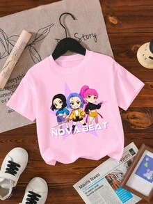 女童休闲舒适时尚简约创意卡通/韩流明星图案短袖T恤，适合夏季户外运动 - 粉色 - 查看 3