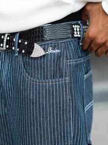 Manfinity Hypemode 男士休闲竖条纹多口袋牛仔裤，街头时尚 - 中等水洗藍 - 查看 7