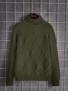 SHEIN 男童纯色高领长袖毛衣，秋冬季休闲款 - 軍綠色 - 查看 4