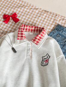 少女休闲格子拼接猫咪印花卫衣，秋冬款 - 灰色 - 查看 3