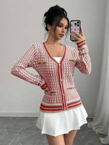 Xyvia Áo khoác cardigan dệt kim đơn hàng ngày, tay dài, họa tiết kẻ caro, dành cho nữ, mùa thu/đông - Đỏ - Xem 3