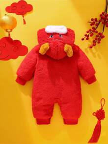 SHEIN 新生儿节日套装，中国节日元素可爱刺绣长袖长裤毛绒连体衣，宝宝中国新年套装 - 紅色 - 查看 3