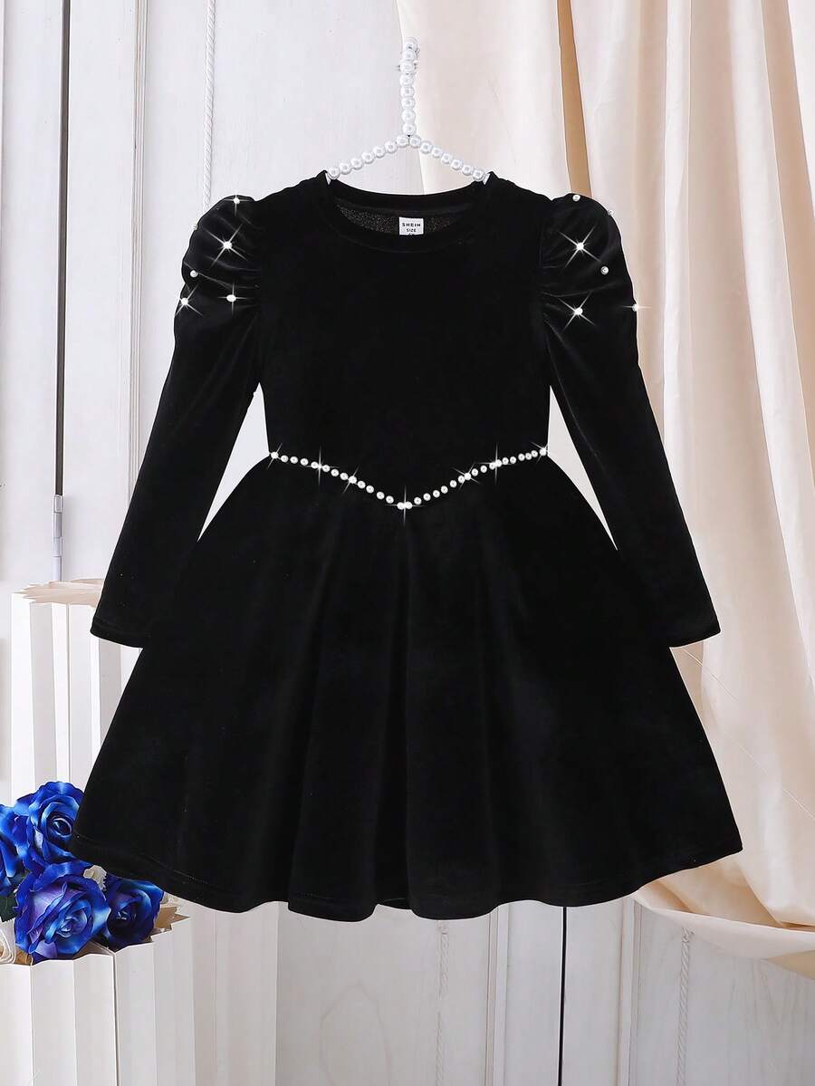 Sparklyn Young Girls Pearl Bubble Long Sleeve V-Neck Waist Ruffle A-Line Dress, Suitable For Parties And Events, Spring/Autumn - Black - View 1