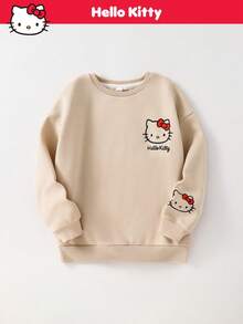 HELLO KITTY AND FRIENDS | SHEIN 少女休闲日常百搭舒适卡通图案宽松圆领长袖针织卫衣 - 卡其色 - 查看 2