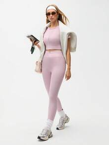 Gameset SHEIN Sport 女士纯色圆领插肩袖T恤和紧身裤运动套装 - 粉色 - 查看 3