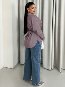 Sirith Camisa de manga larga a rayas minimalista y casual para mujer - Café integral - Ver 5