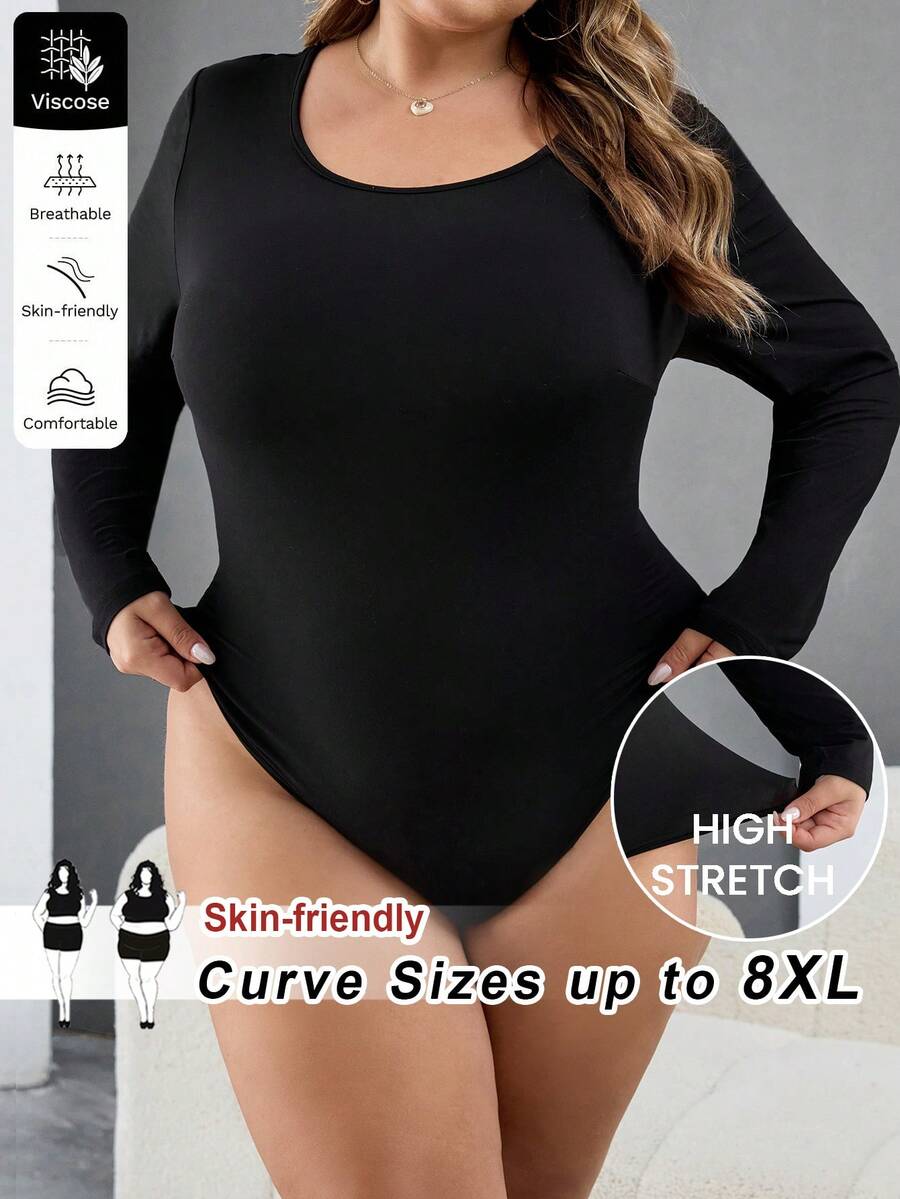 SHEIN CURVE+ Damen Große Größen Heizstoff Schwarz Langarm Bodysuit Große Größen Weihnachten Große Größen Bodysuit Kurven Bodysuit für Damen Große Größen