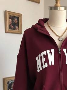 SHEIN 女士秋季字母印花落肩长袖拉链前袋休闲卫衣