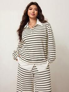 Enliva Plus Size Women Contrast Stripe Pullover Sweatshirt And Elastic Waist Pants Set, Compatible With Apple Rounded Body Shape/2026 /New Year - Multicolor - View 3