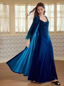 MOTF PREMIUM ELEGANTE CAMISÓN LARGO DE TERCIOPELO CON CUELLO DRAPEADO, OTOÑO/INVIERNO - Agua verde azul - Ver 1