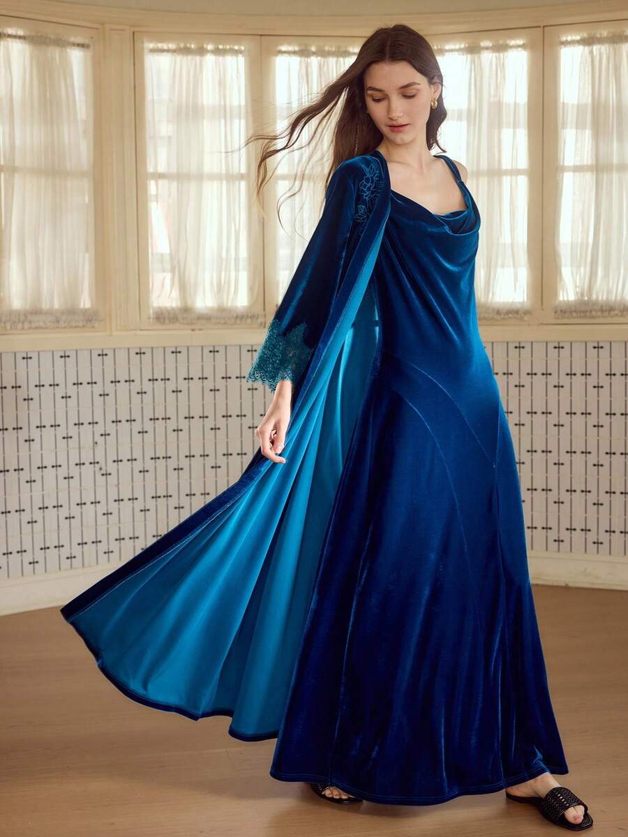 MOTF PREMIUM ELEGANTE CAMISÓN LARGO DE TERCIOPELO CON CUELLO DRAPEADO, OTOÑO/INVIERNO - Agua verde azul - Ver 1