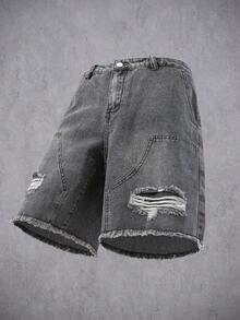 Manfinity Denimwave Men's Plain Frayed Edge Pocket Ripped Fashionable Denim Shorts Ripped Denim Shorts Men - Light Grey - View 1