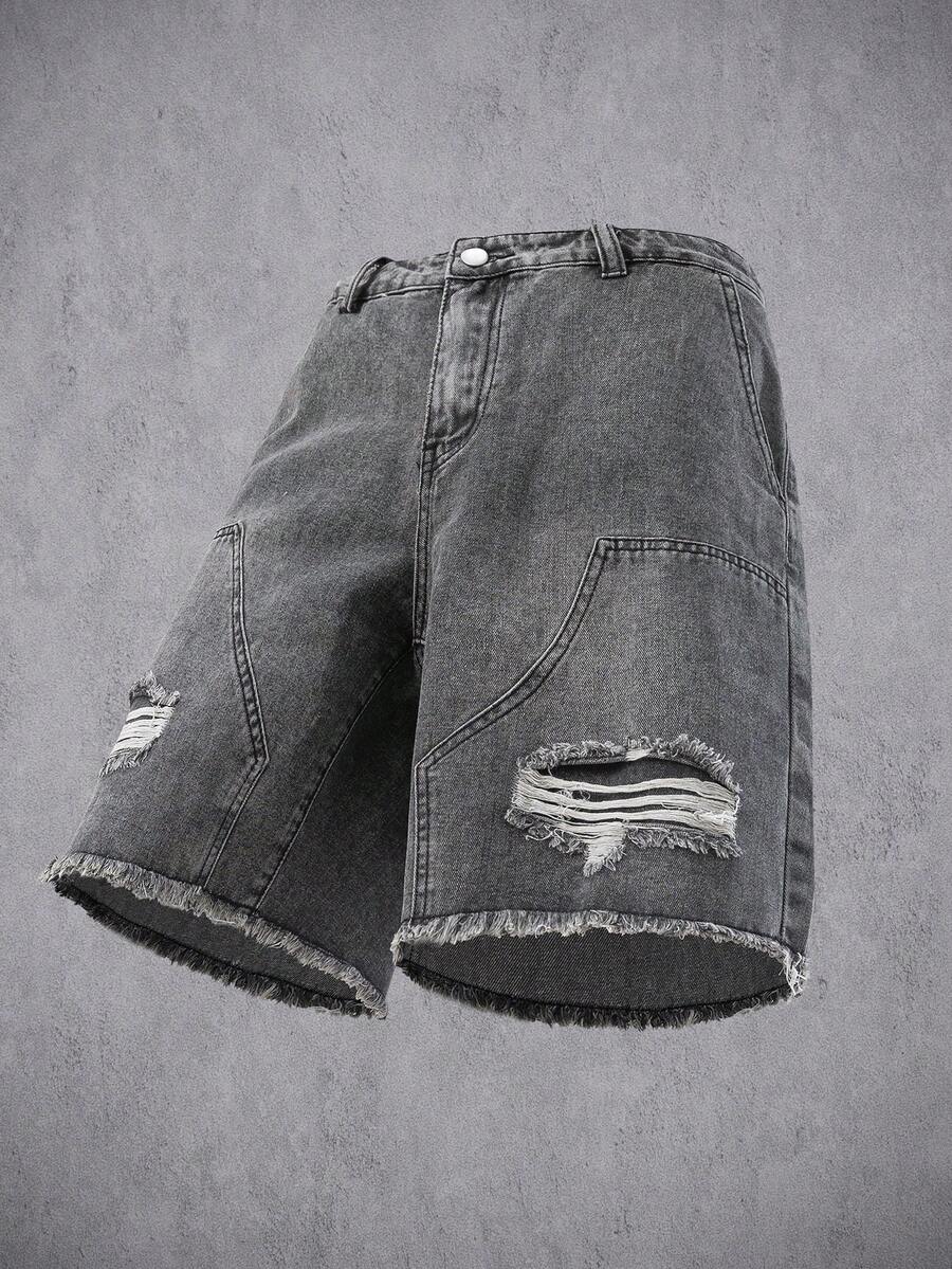 Manfinity Denimwave Men's Plain Frayed Edge Pocket Ripped Fashionable Denim Shorts Ripped Denim Shorts Men - Light Grey - View 1