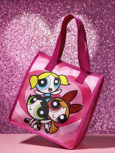 THE POWERPUFF GIRLS X SHEIN 1 Bolsa de almuerzo aislada con estampado impreso para mantener la comida caliente o fría, bolsa de picnic, gran capacidad, puede contener cajas de almuerzo y bebidas, adecuada para picnics, campamentos, viajes, uso familiar, adecuada para familias, estudiantes, burbujas, flor, botón de oro, ideas de regalo