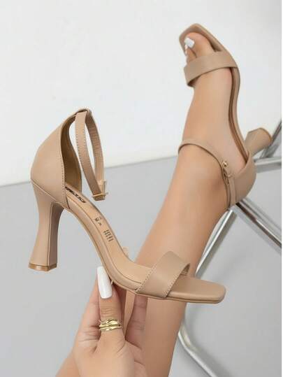 Sandalias para mujer de piel estilo minimalista, punta cuadrada, tira sencilla, tacón alto delgado, elegantes para oficina y fiestas