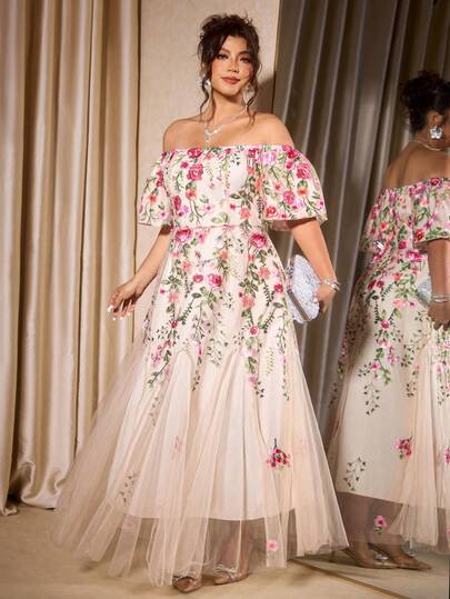 Cravure Plus Size Women's Embroidered Off-Shoulder Short Sleeve Cinched Waist Maxi Flare Dress, Elegant For Parties Bride Gown